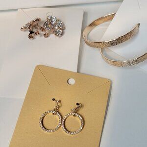 Rose Gold Pierced Earrings Circles, Hoops and Flowers 3 Pairs
